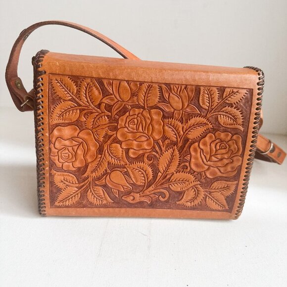 Vintage Leather Hand Tooled Floral Leaf Print Custom Made Structure Shoulder Bag - Picture 7 of 11
